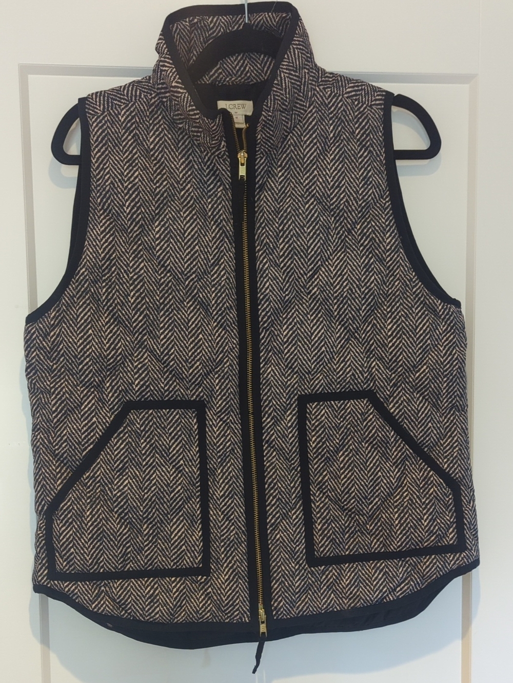 J. Crew Black & Cream Herringbone Quilted Vest with Contrast Trim